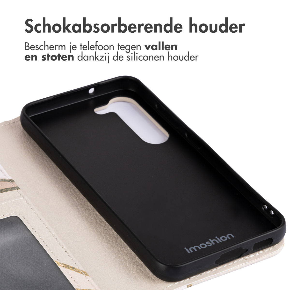 Coque de téléphone noire avec un motif de marbre beige, ouverte, montrant l'intérieur.