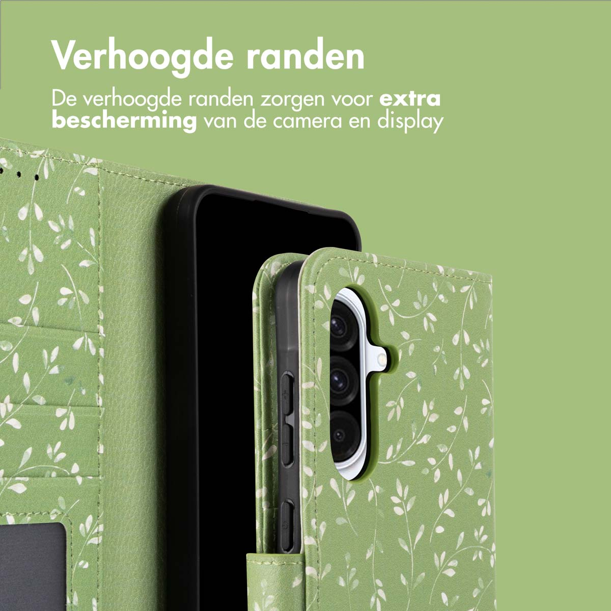 Een groene telefoonhoes geopend met een telefoon erin. De hoes heeft een bloemenpatroon en toont extra bescherming.