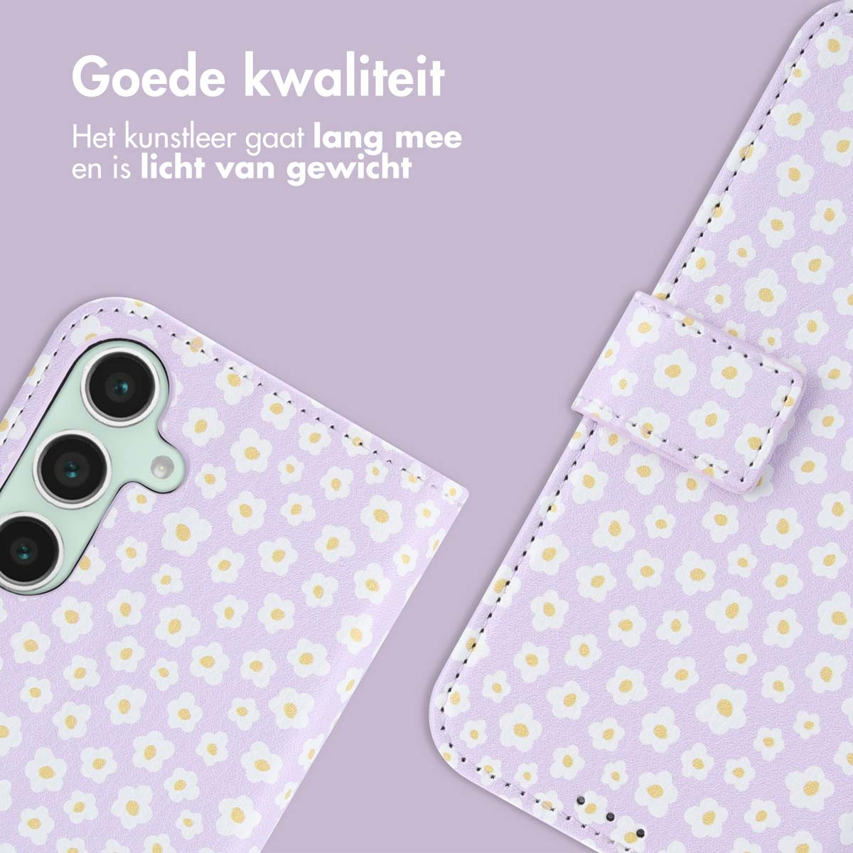 Gros plan sur un étui de téléphone lavande avec des motifs de marguerites blanches et un rabat de portefeuille assorti.