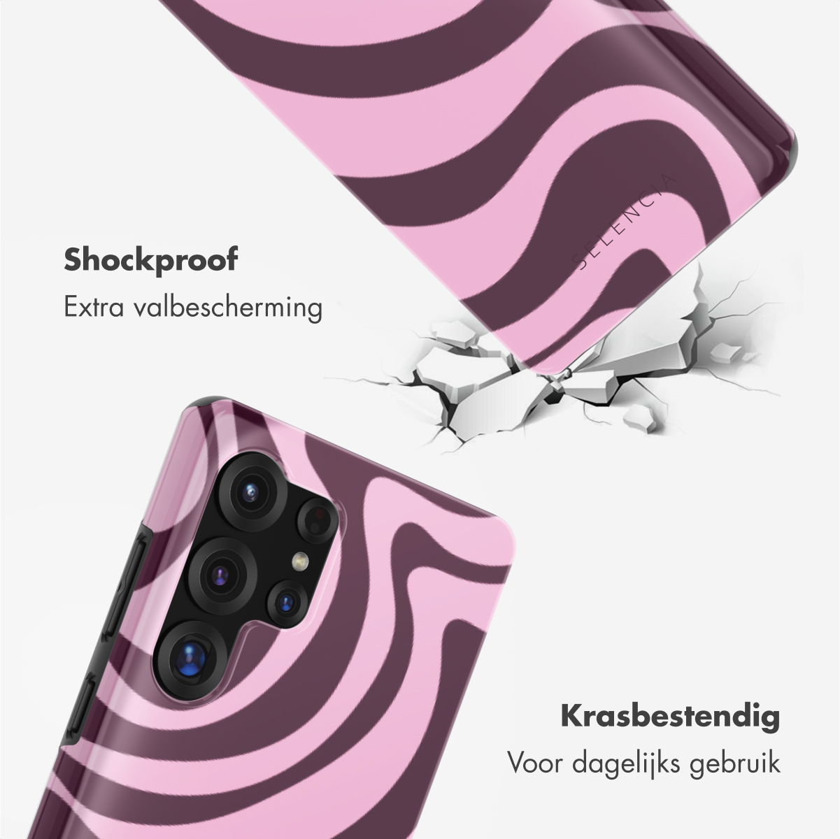 Een telefoonhoesje met een roze wervelpatroon. De hoes wordt getoond en een telefoon valt, wat schokbestendig benadrukt.