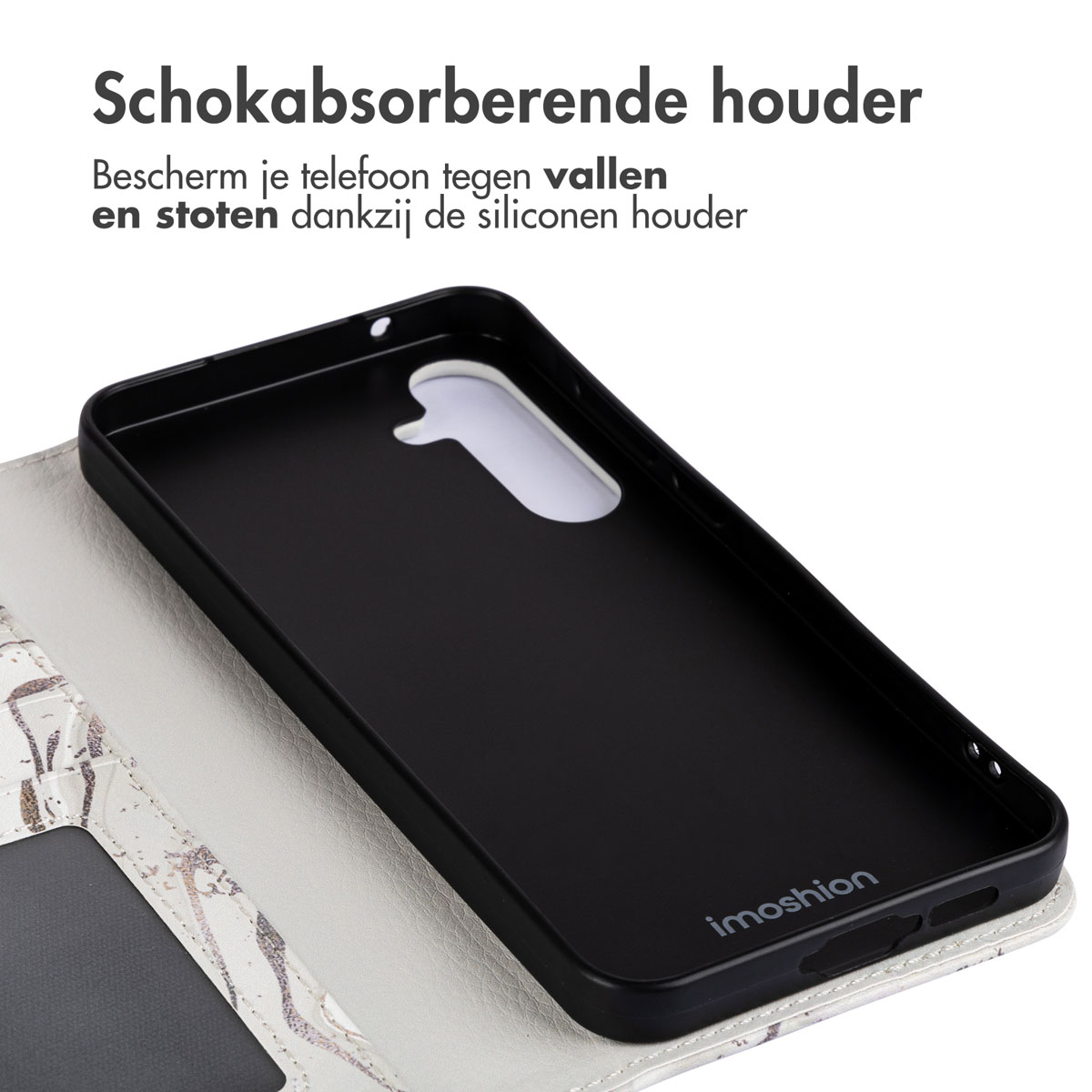 Intérieur d'étui de téléphone noir avec design marbre blanc-gris, texte en haut. Fond blanc.