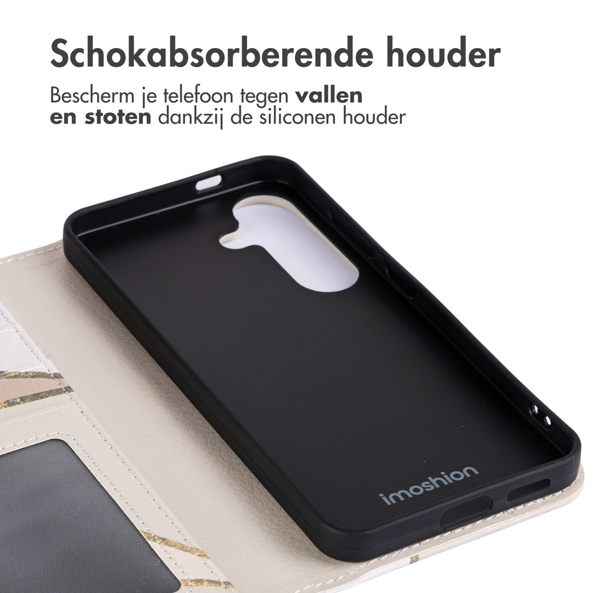 Zwarte telefoonhoes in een beige bloemenportemonnee. Tekst: 'Schokabsorberende houder'.