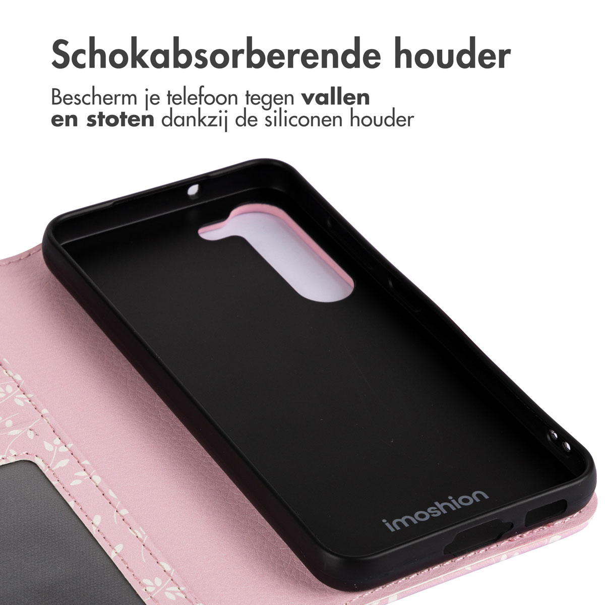 Coque de téléphone noire dans un portefeuille floral rose. Texte : 'Support amortissant les chocs'.