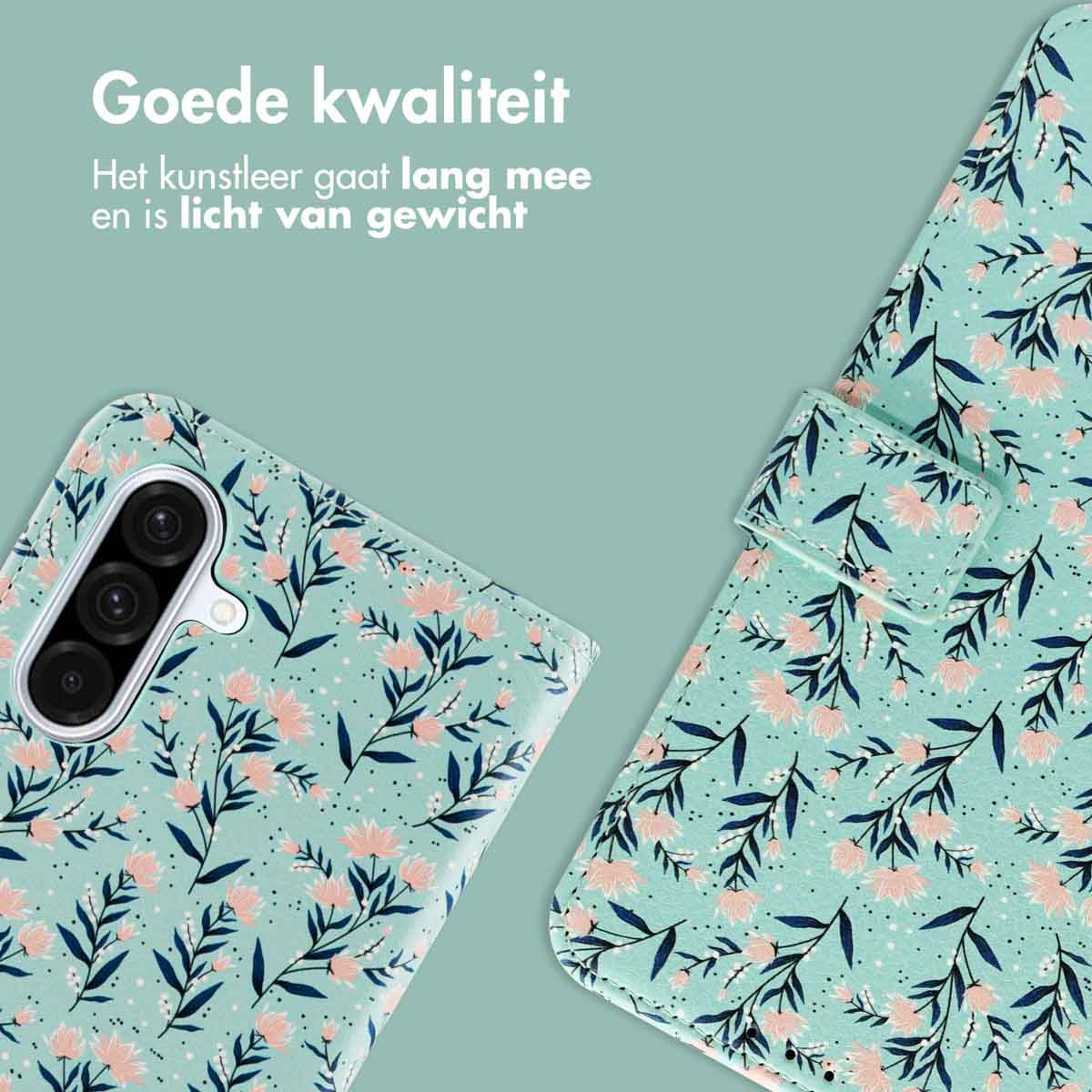 Telefoonhoesje met bloemenpatroon, groen en roze. Open hoesje en close-up. Groene achtergrond.