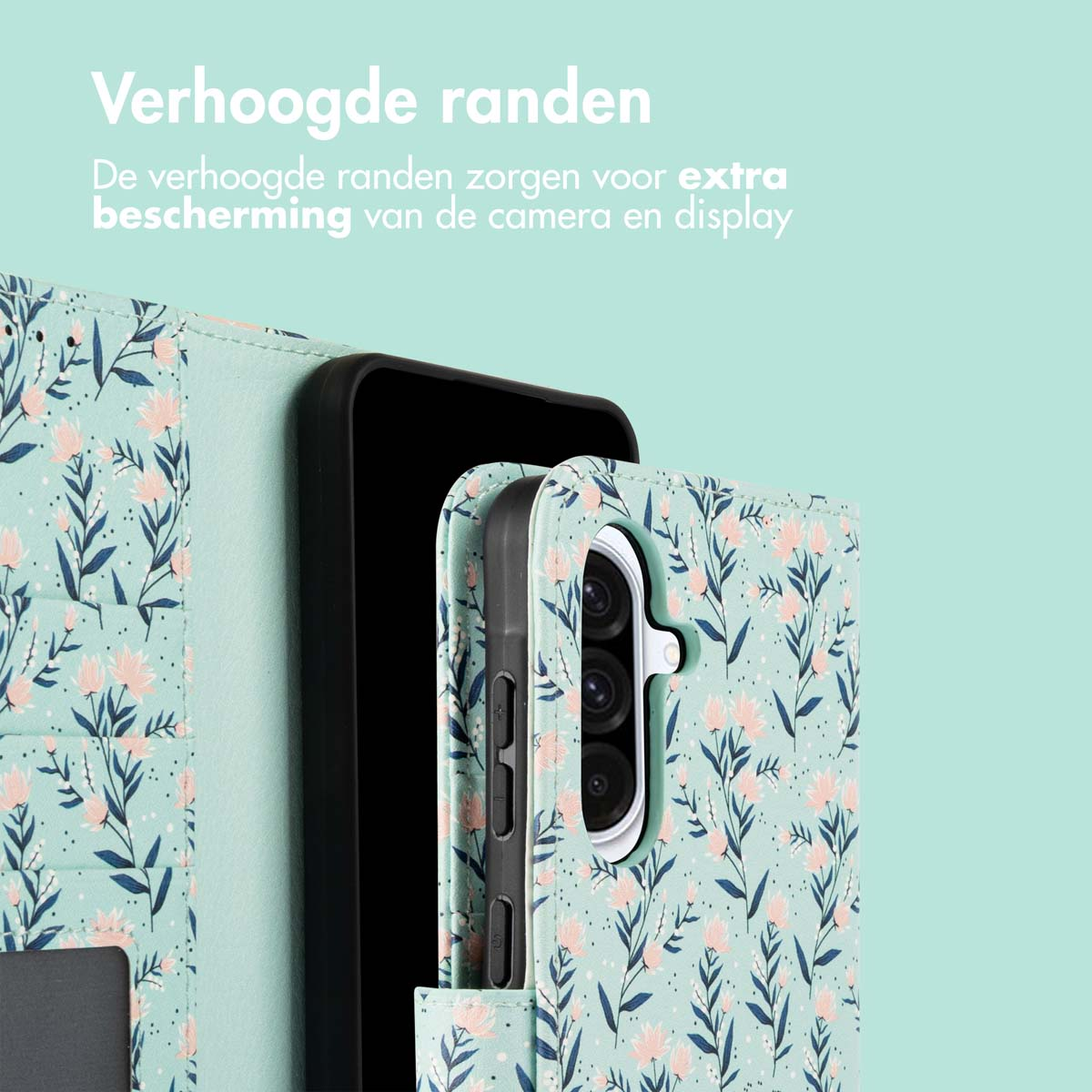 Telefoonhoesje met bloemendesign en telefoon. Tekst: 'Verhoogde randen'.