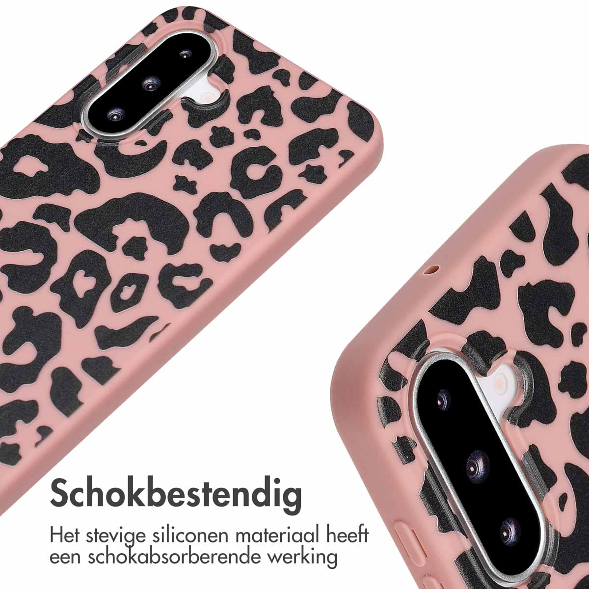 Roze telefoonhoes met zwarte luipaardprint. Twee hoesjes worden getoond.