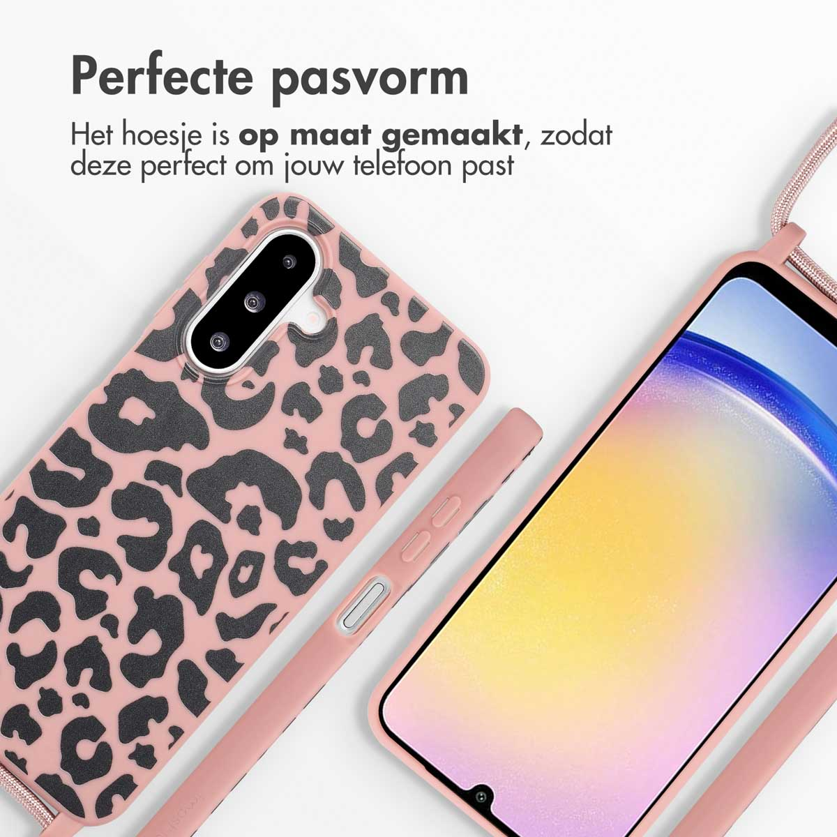 Roze telefoonhoesje met een luipaardprint en een telefoon.
