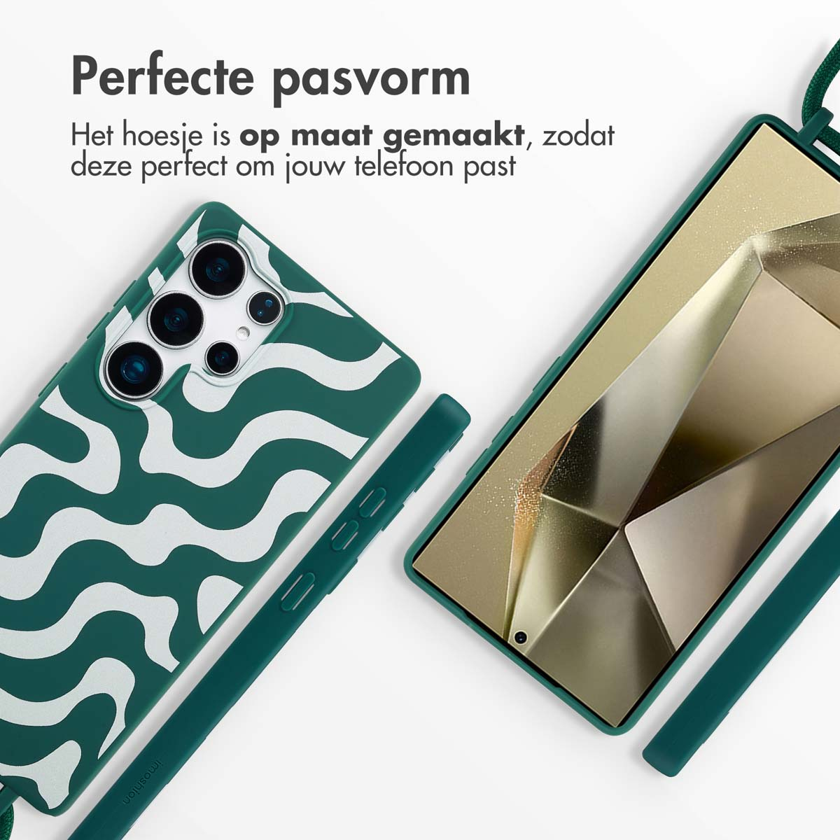 Groene telefoonhoes met golven en een koord, telefoon met scherm. Hoesje en telefoon worden getoond.