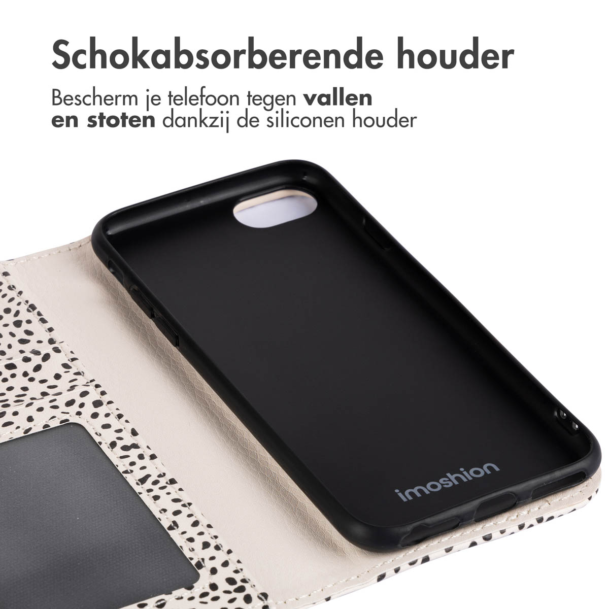 Telefoonhoes, zwart interieur, wit en zwart exterieur met een venster.