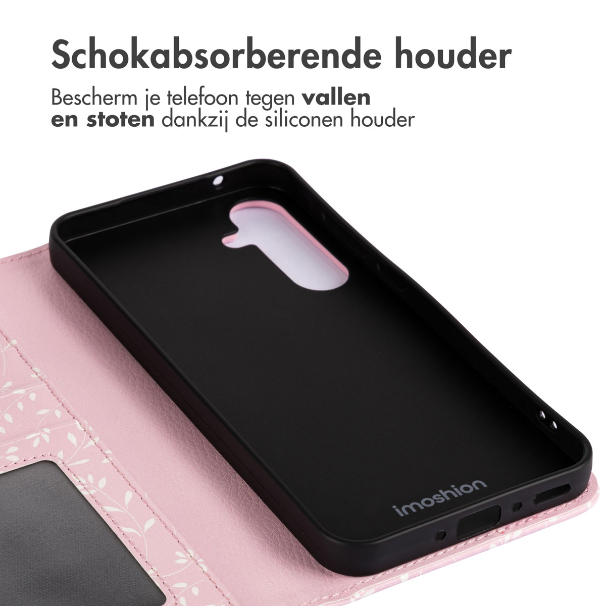 Roze bloemen telefoonhoes, binnenkant met zwarte telefoon. Tekst: Schokabsorberende houder.