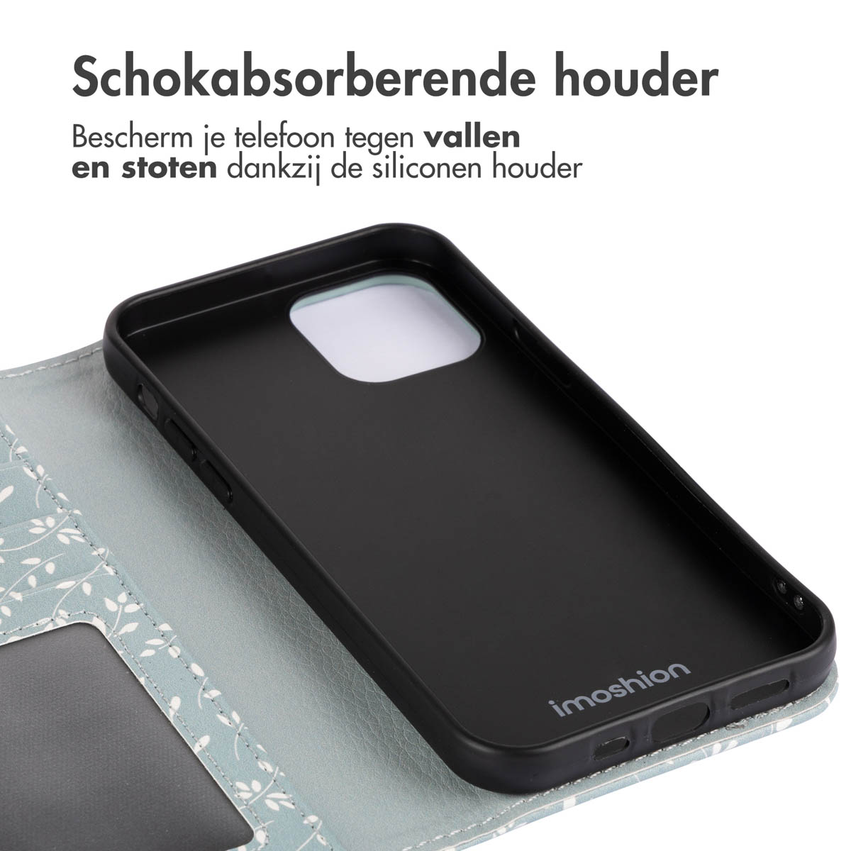 Zwarte telefoonhoes met zwart camerahol, op lichtblauwe bloemenhoes.