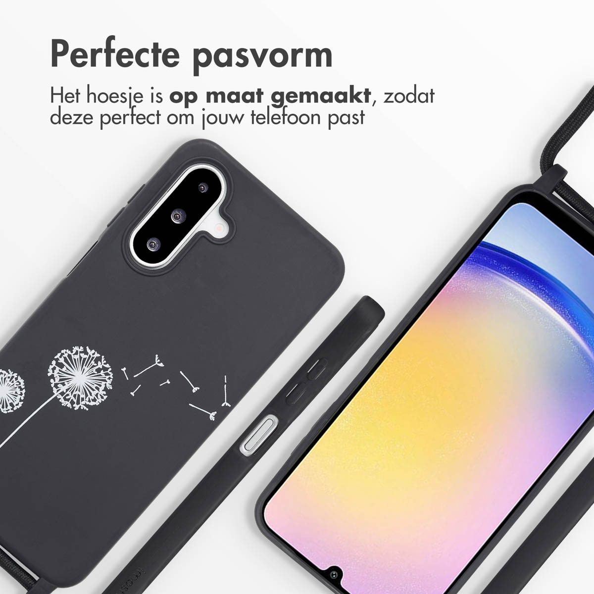 Een telefoonhoesje met een paardenbloem design, een telefoon en een bandje. De telefoon heeft een scherm.