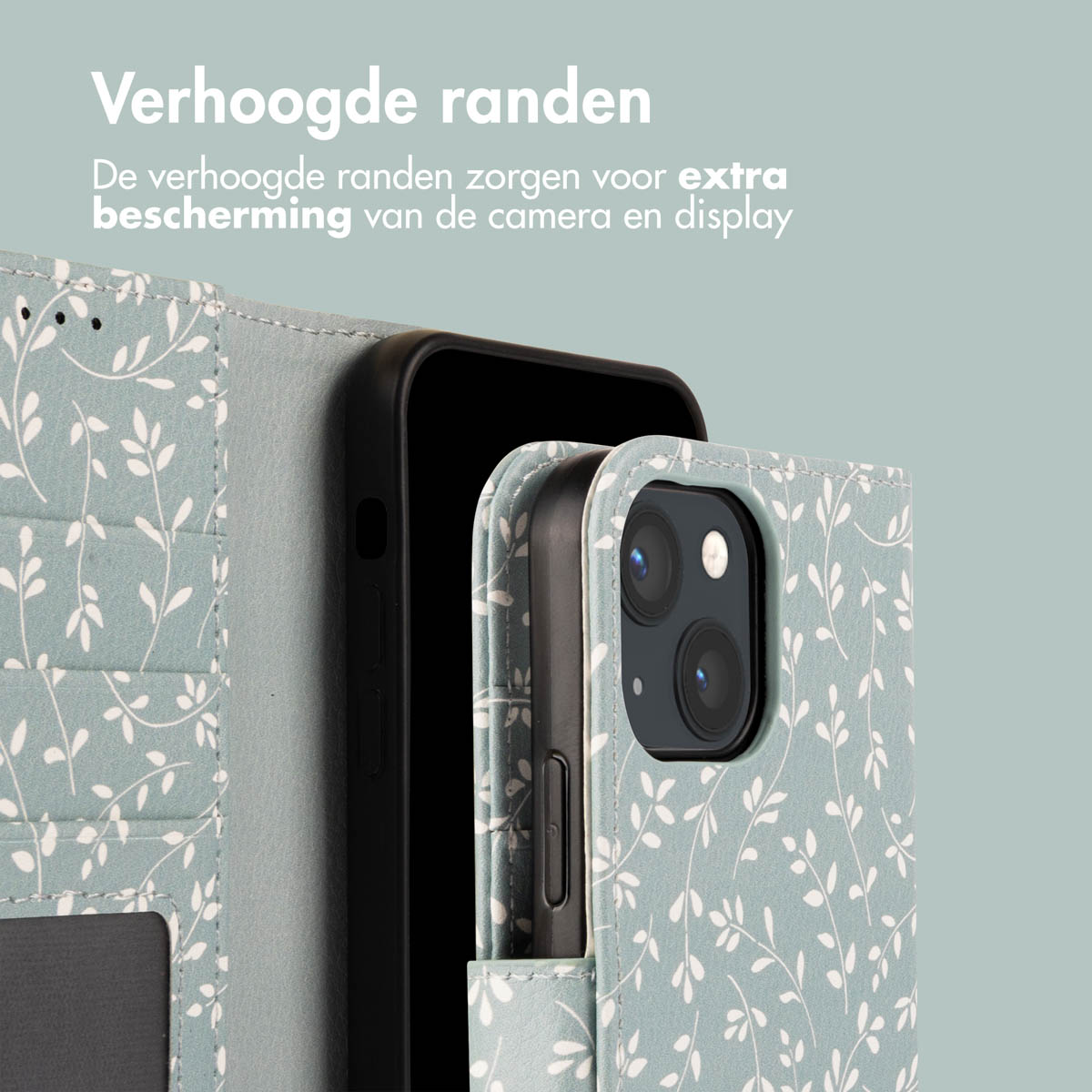 Telefoon in een hoesje, close-up. De hoes heeft een bloemenontwerp. Tekst zegt: 'Verhoogde randen'.