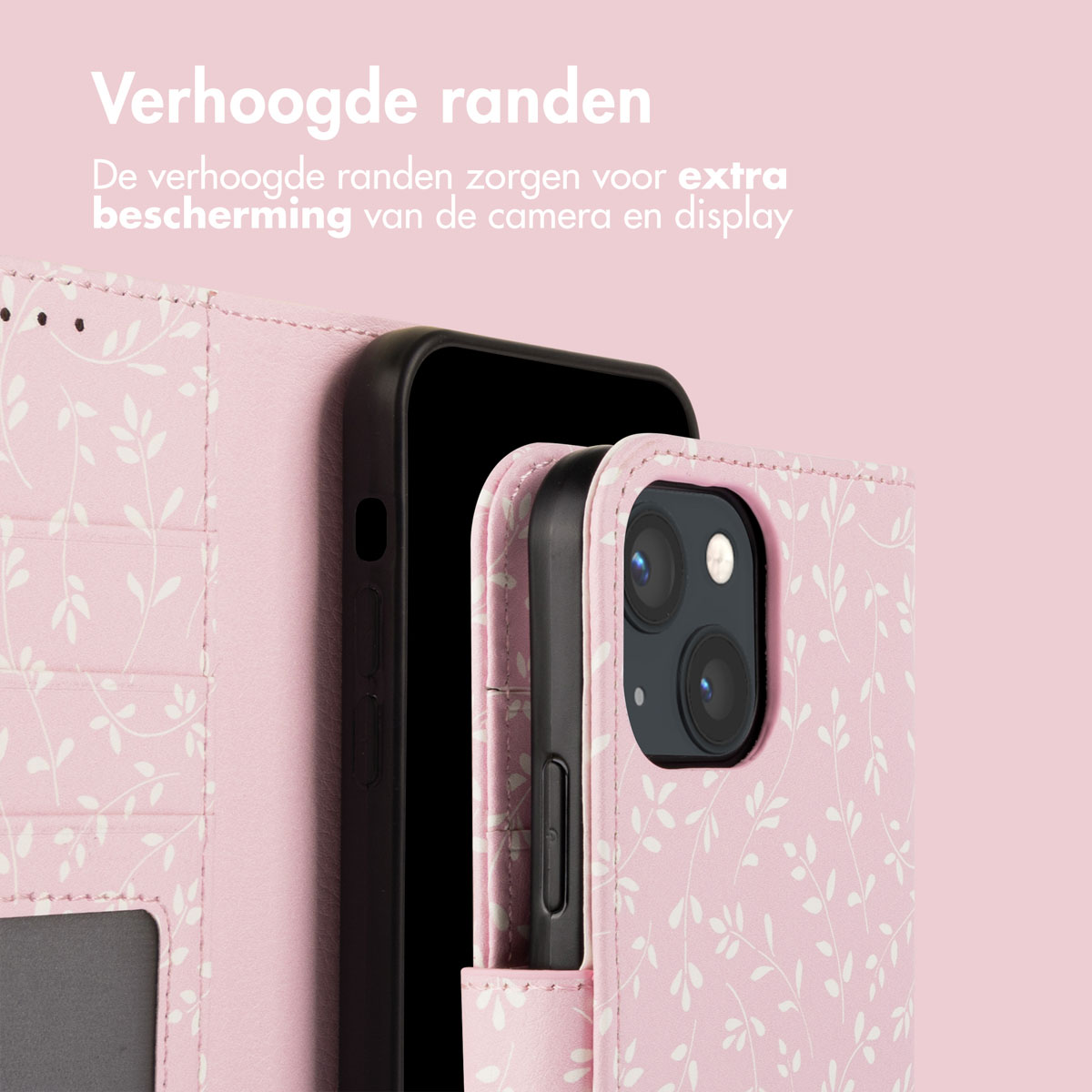 Roze telefoonhoesje met bloemenpatroon, opengeklapt om een zwarte telefoon te tonen.