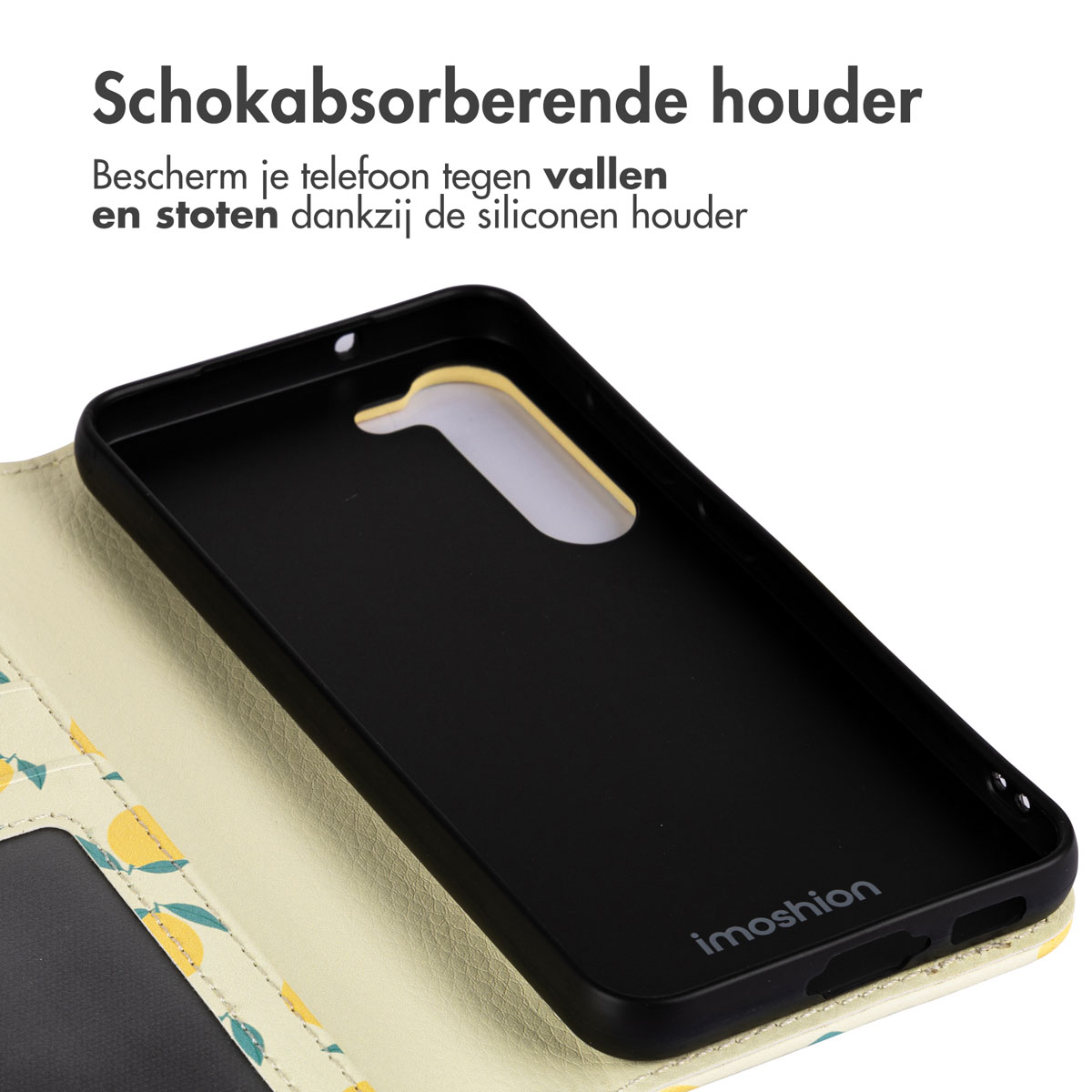 Una custodia per telefono con un design a limone, protegge il telefono dalle cadute. L'interno è nero.