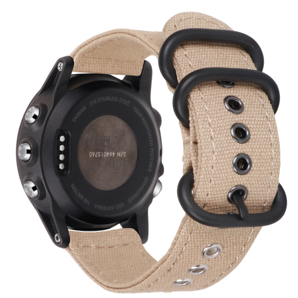 Un orologio nero con cinturino beige. Il retro mostra l'acciaio inossidabile e i sensori. Sfondo bianco.