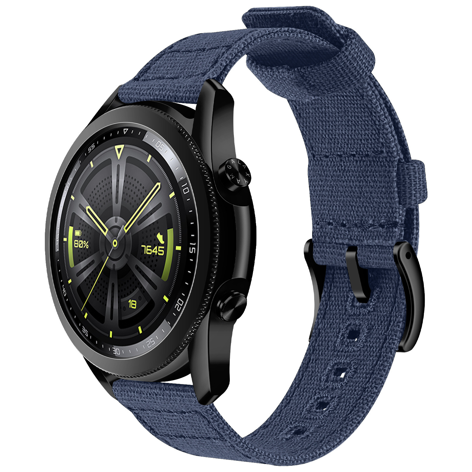 Smartwatch nero con cinturino blu. Il quadrante mostra l'ora e la percentuale.
