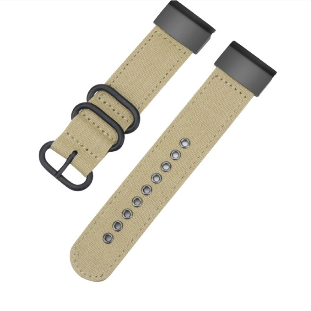 Un cinturino in tela beige con ferramenta in metallo nero. Ci sono due parti.