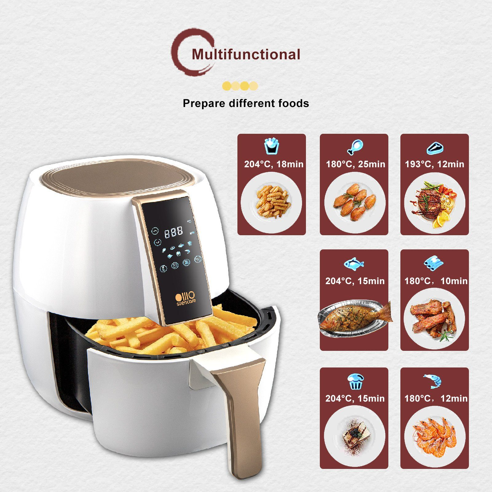 Eine Heißluftfritteuse mit Display und Bildern von Speisen und deren Garzeiten und Temperaturen.