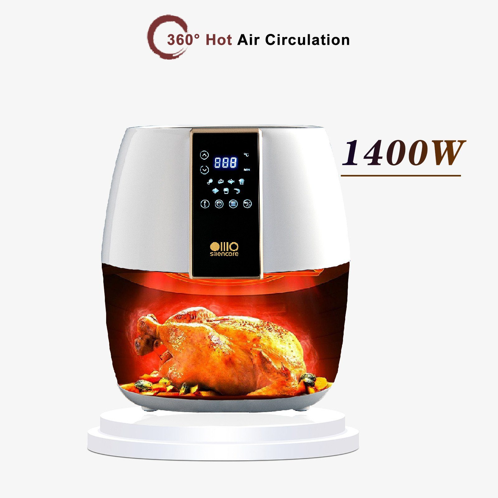 Weißer Airfryer mit Essen, Display und 1400W Leistung.