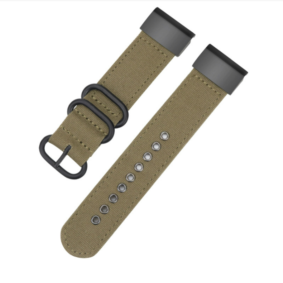 Khaki-Uhrenarmband mit schwarzer Schnalle und schwarzen Haltern.