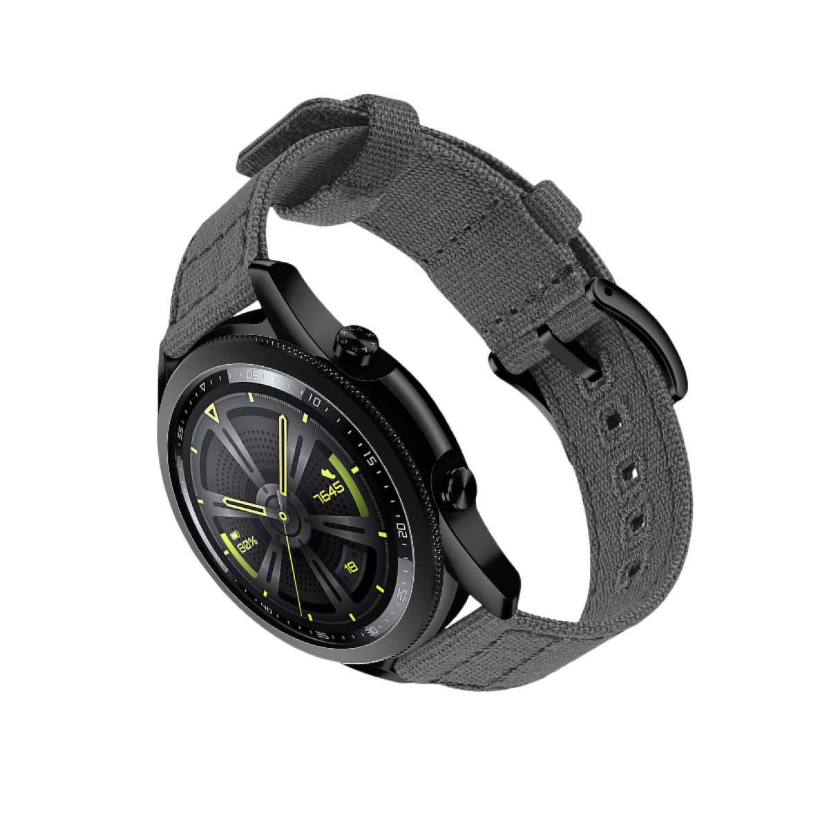 Schwarze Smartwatch mit grauem Stoffarmband, schräge Ansicht. Das Zifferblatt zeigt Zeit und Batterieinformationen.