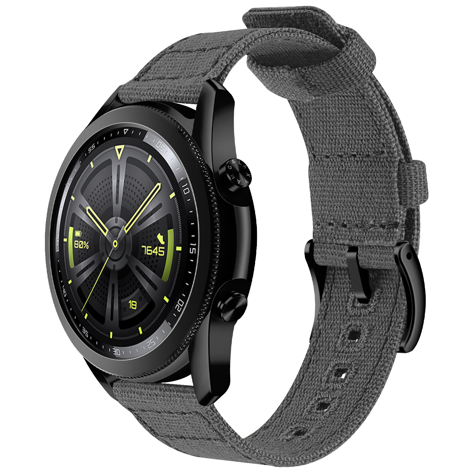 Schwarze Smartwatch mit grauem Stoffband. Das Zifferblatt zeigt Zeit und Akkustand an.