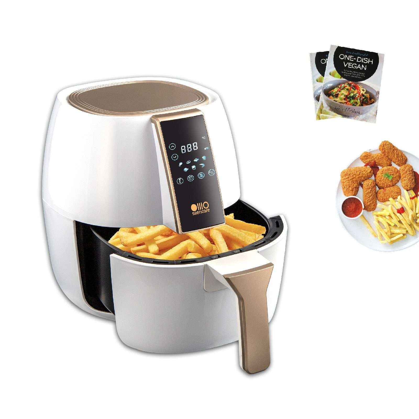 Weißer Luftfritteuse mit Essen, einschließlich Pommes und Nuggets.