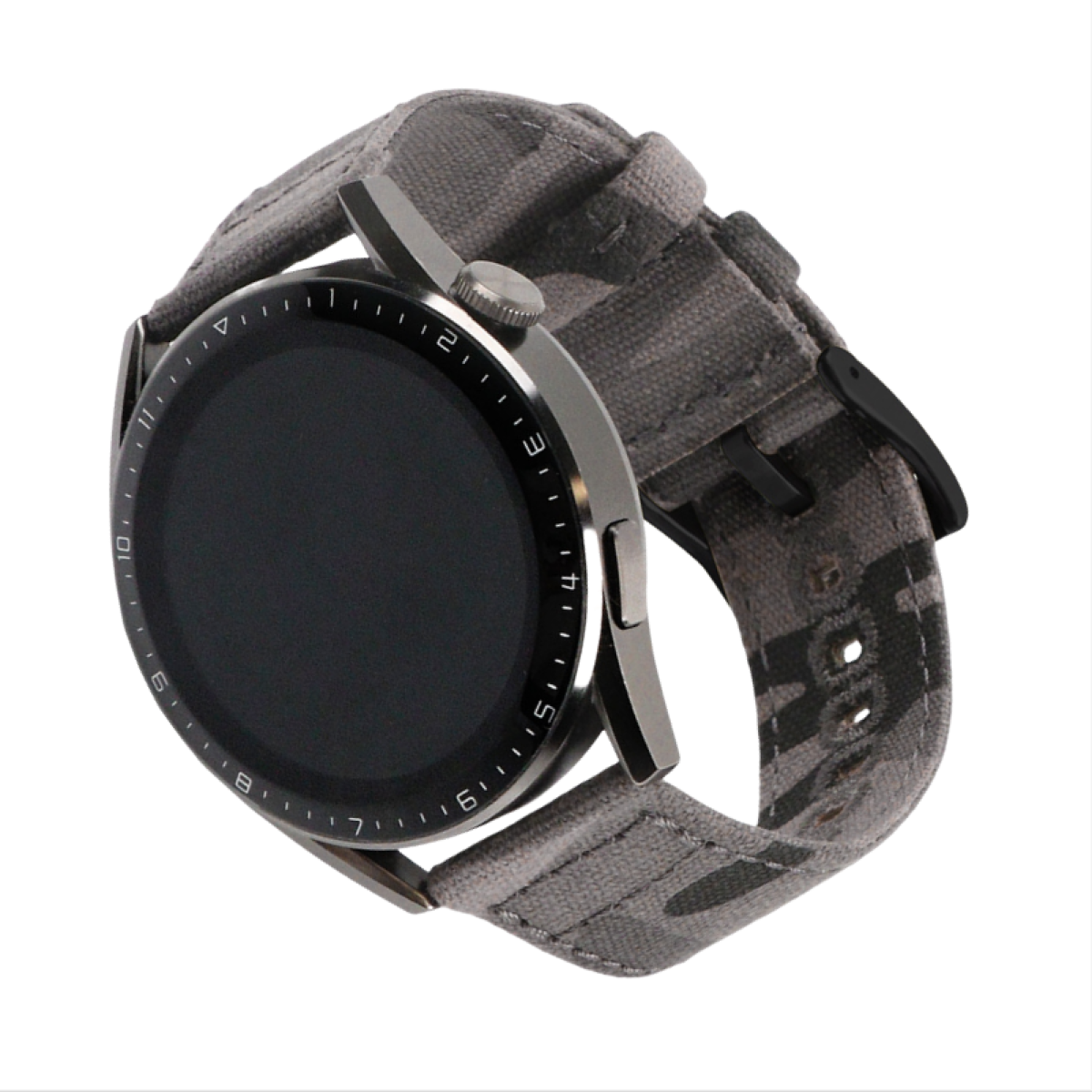 Smartwatch con cinturino mimetico grigio. Quadrante nero, cassa argentata.