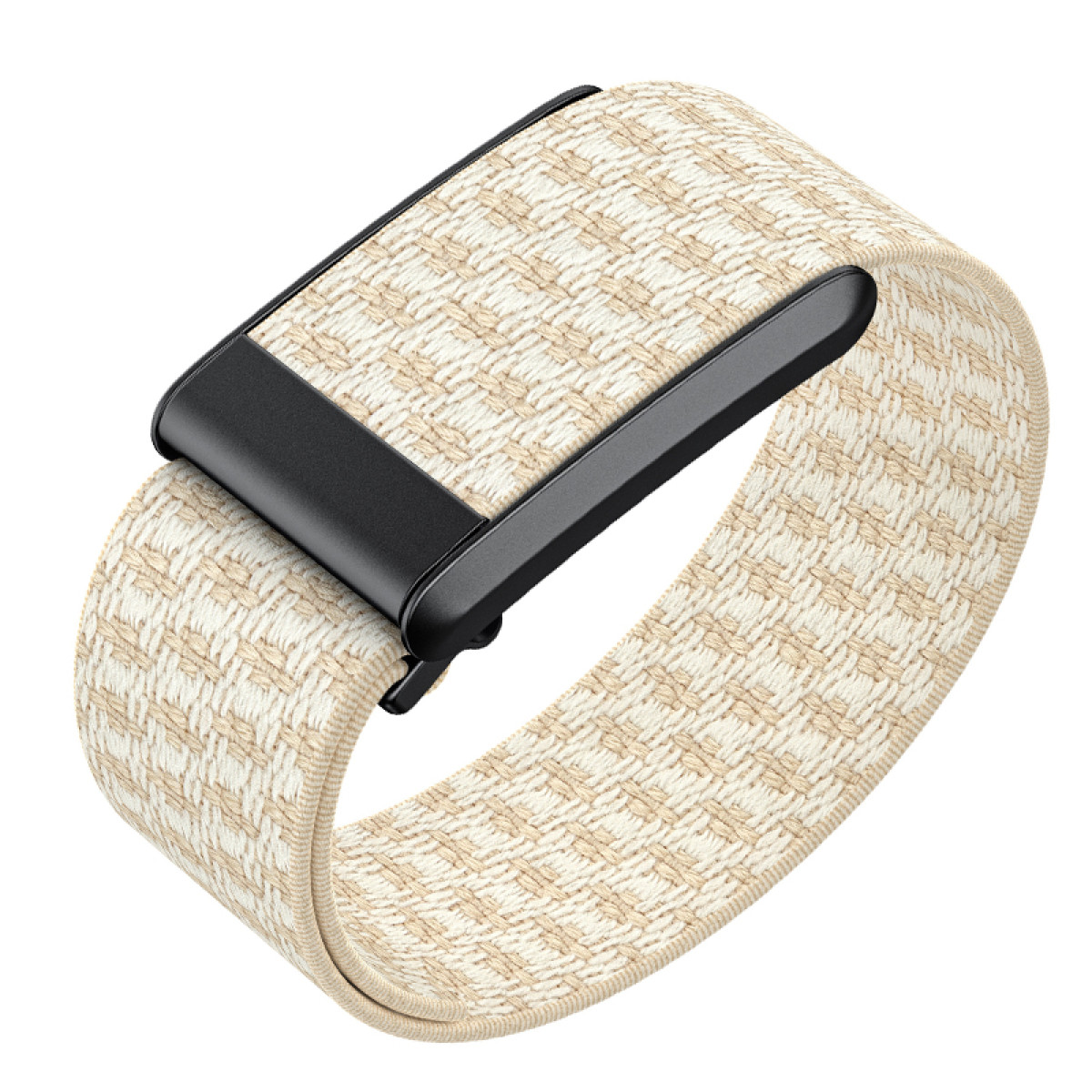 Beige und schwarzes Smartwatch-Armband. Gewebte Textur und schwarzer Verschluss.