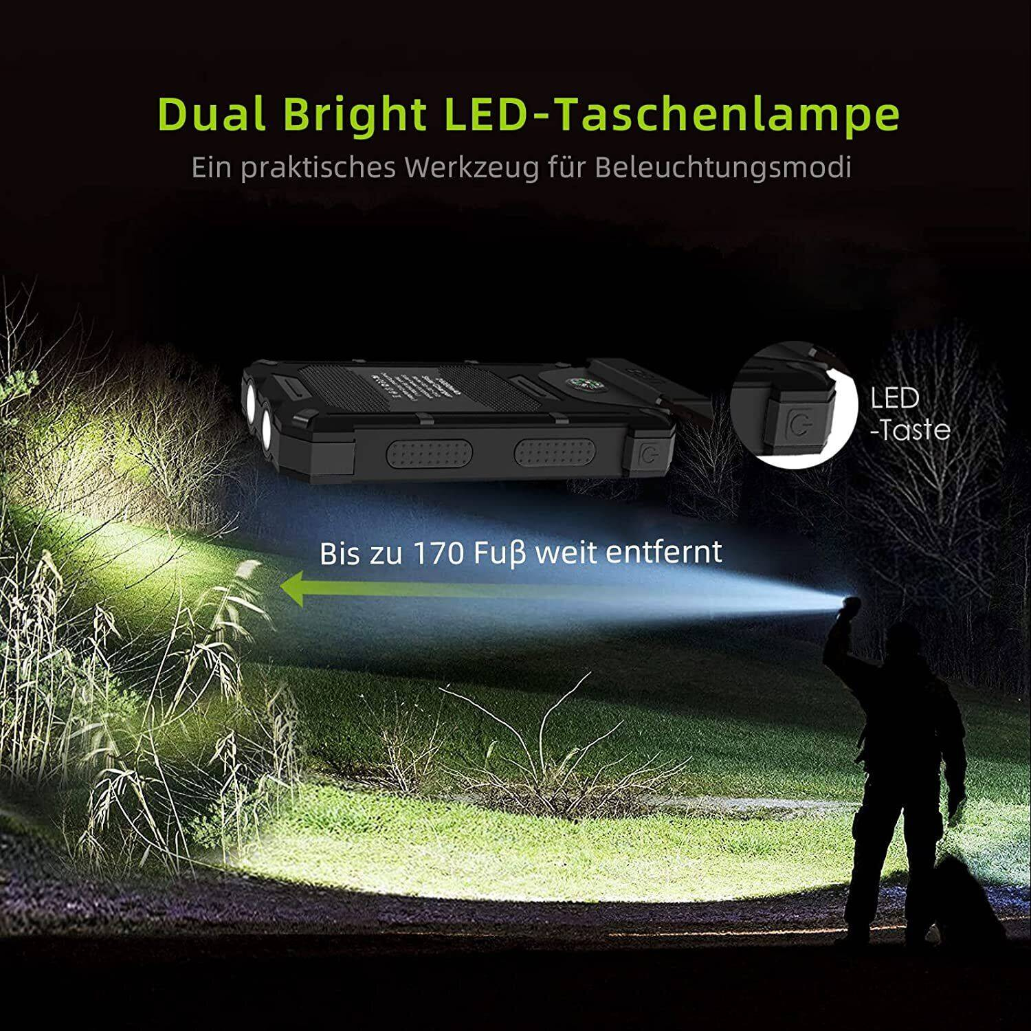Person leuchtet mit einer Taschenlampe einen dunklen Pfad aus. Text: 'Dual Bright LED-Taschenlampe'.