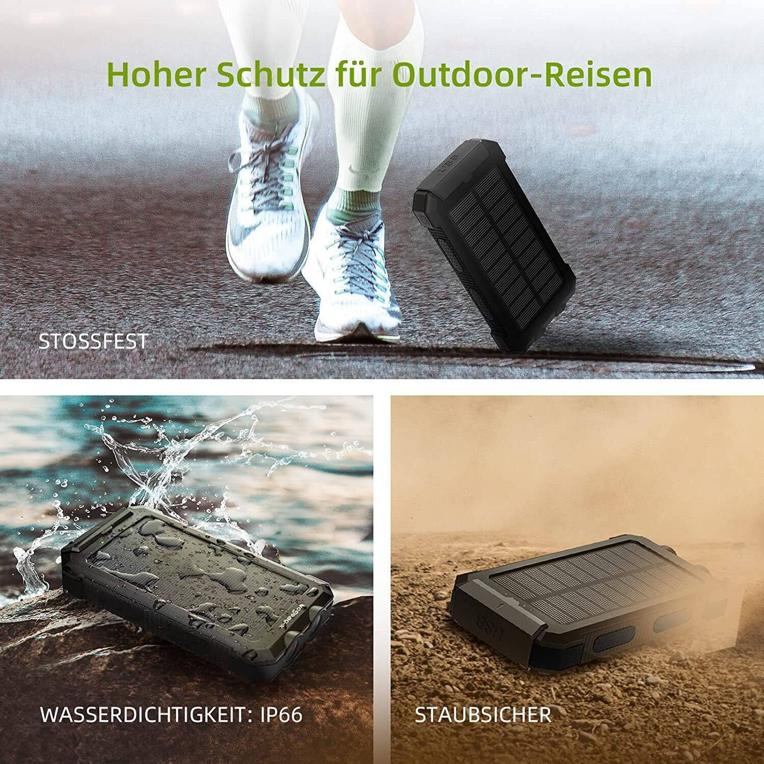 Ein Produkt in verschiedenen Szenarien gezeigt, mit Text über Wasserdichtigkeit und Staubdichtigkeit.