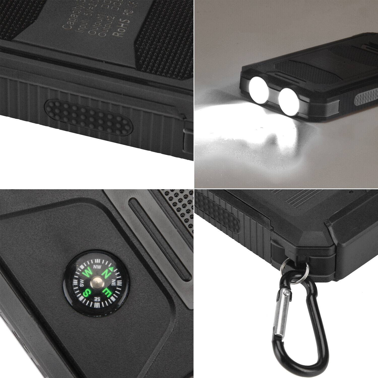 Nahaufnahmen eines schwarzen elektronischen Geräts. Merkmale sind ein Kompass, eine Taschenlampe und ein Karabiner.