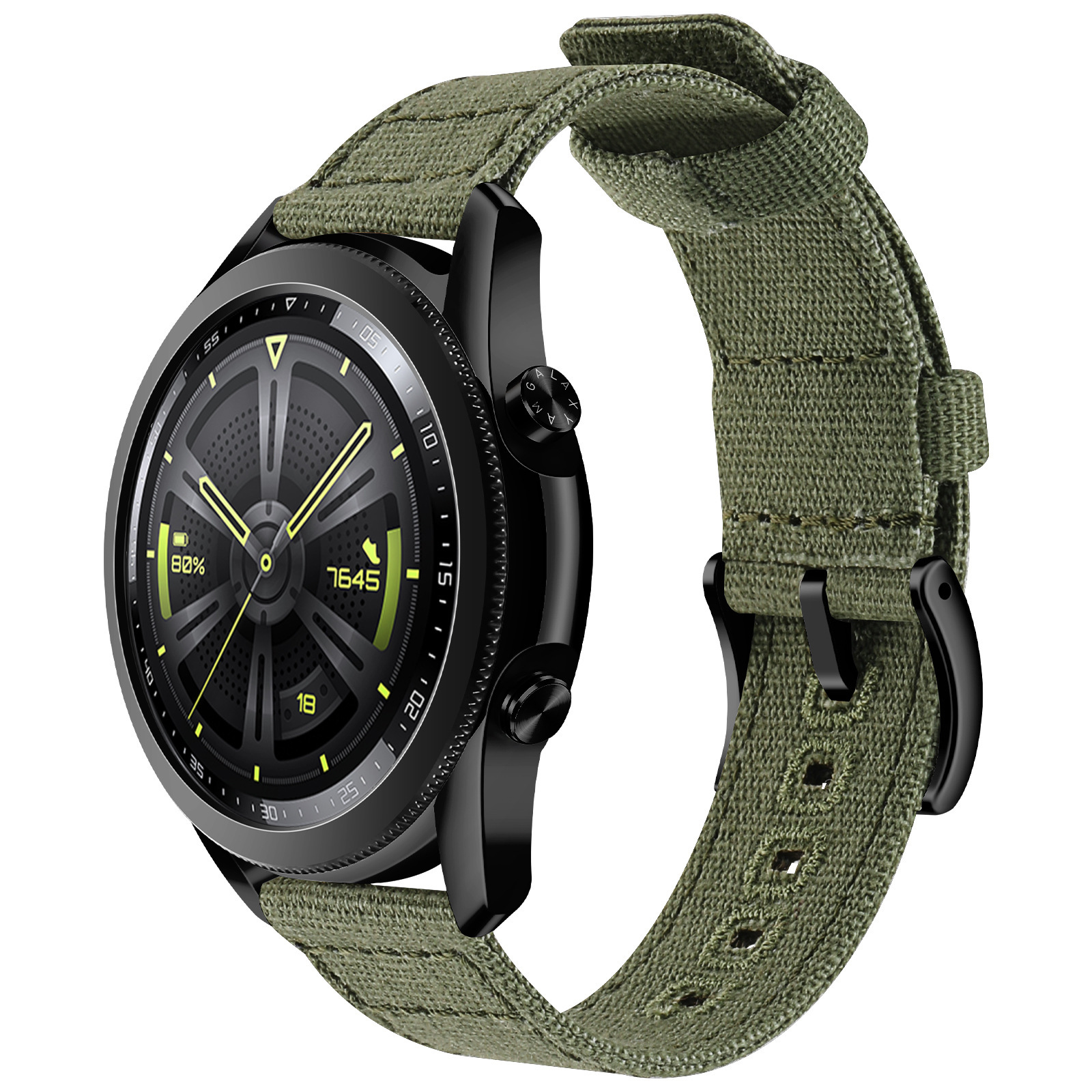 Schwarze Smartwatch mit grünem Armband. Das Zifferblatt zeigt Zahlen und 80% Akku.