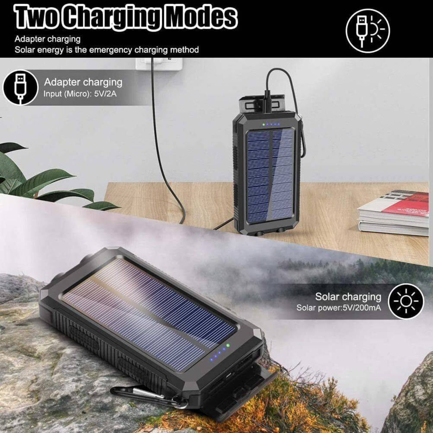 Solar Ladegerät mit zwei Lademodi. Einer ist Adapter, der andere Solar.