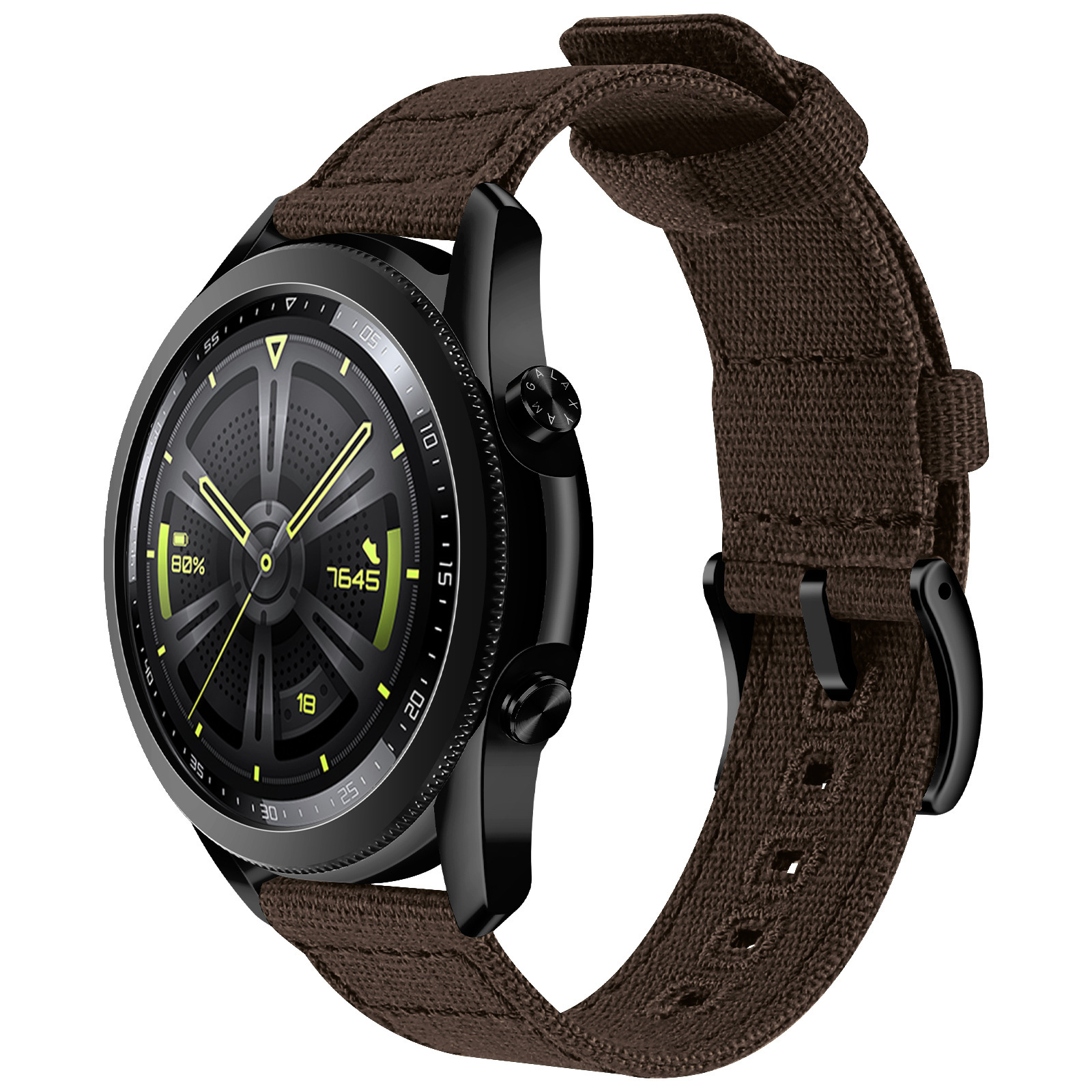 Smartwatch con cinturino marrone e cassa nera. Il quadrante mostra l'ora e una percentuale. Vista laterale.