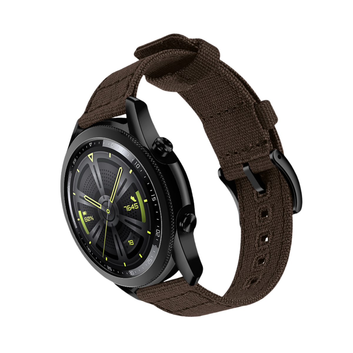 Uno smartwatch nero con cinturino in tessuto marrone. Il quadrante mostra accenti e numeri gialli.