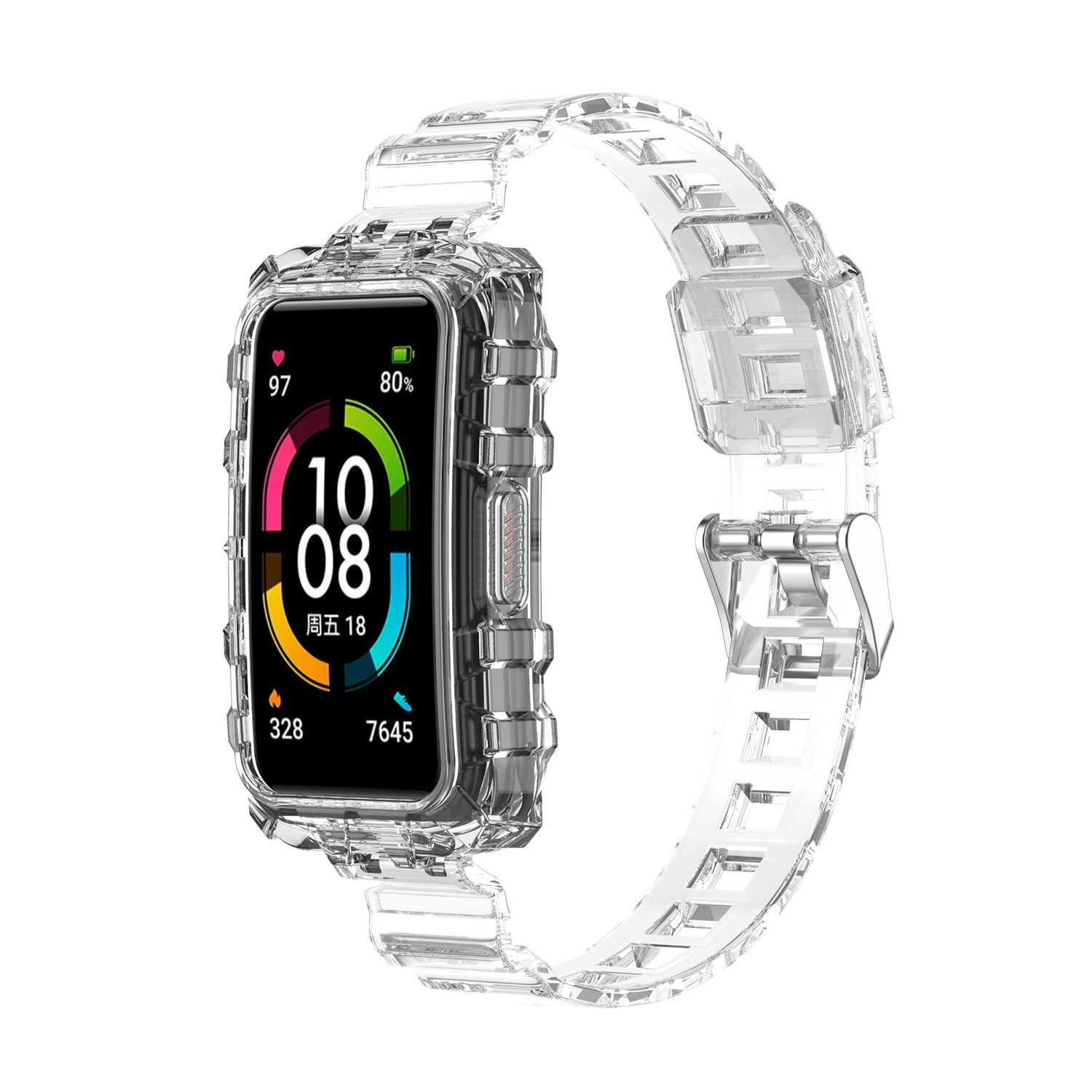 Orologio trasparente con display digitale che mostra ora e percentuale batteria, su cinturino trasparente.