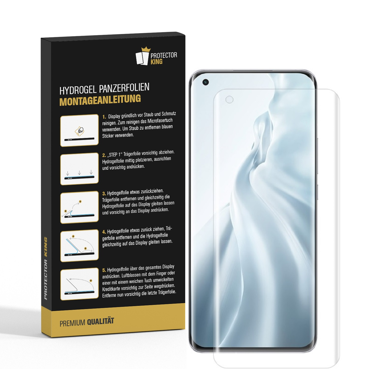 Eine Schachtel mit Telefon und Displayschutzfolie, mit Anwendungshinweisen.
