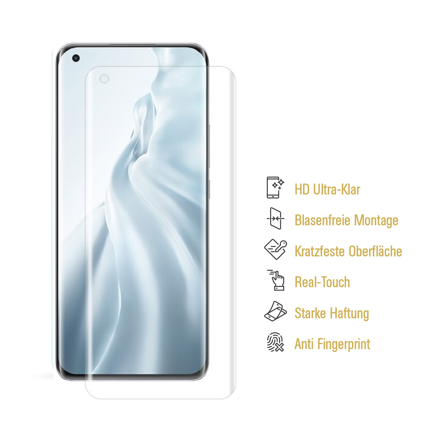 Displayschutzfolie auf einem Telefon, mit Text, der Funktionen beschreibt.