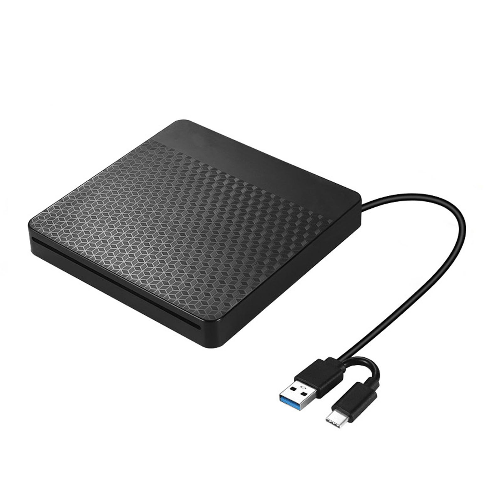 Ein schwarzes, quadratisches externes CD/DVD-Laufwerk mit angeschlossenem USB-Kabel. Das Laufwerk hat eine gemusterte Oberfläche.