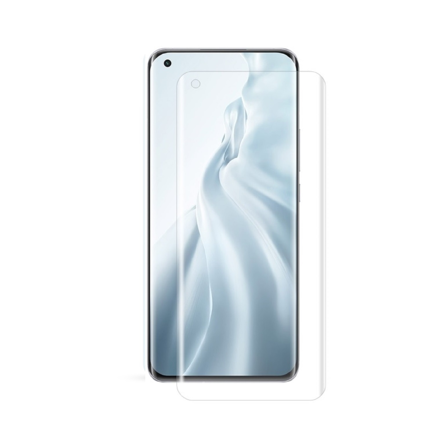 Mobiltelefon mit aufgebrachter Displayschutzfolie, klare Sicht, weißer Hintergrund.