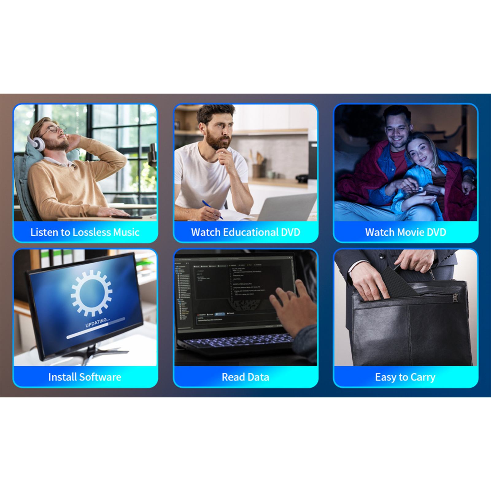 Eine Collage von Bildern, die verschiedene Verwendungen zeigen: Musik hören, DVDs ansehen, Software installieren usw.