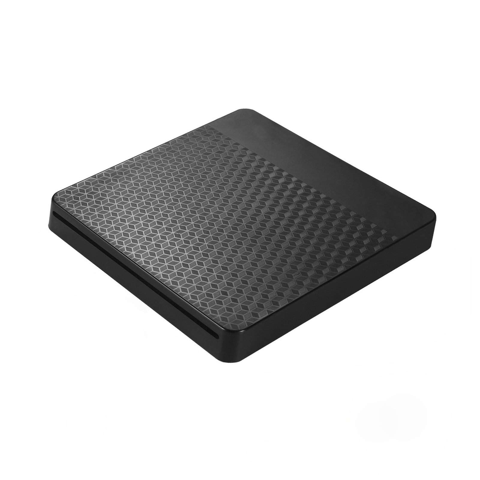 Ein schwarzes Gerät mit geometrischem Muster oben. Hat ein schlankes, modernes Design.