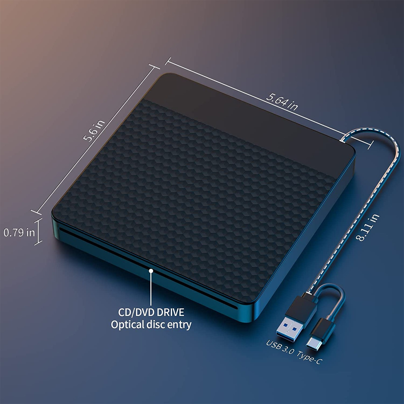 Schwarzes CD/DVD-Laufwerk mit Abmessungen. USB-Kabel angeschlossen, schwarz-blaues Farbschema.