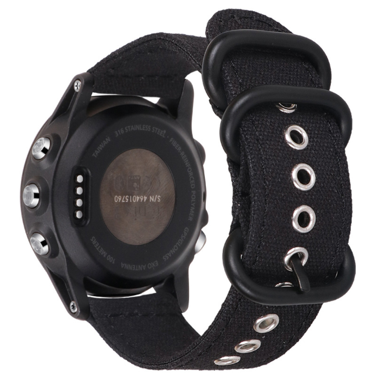 Smartwatch nera con cinturino nero, mostra il retro. Pulsanti argento laterali.