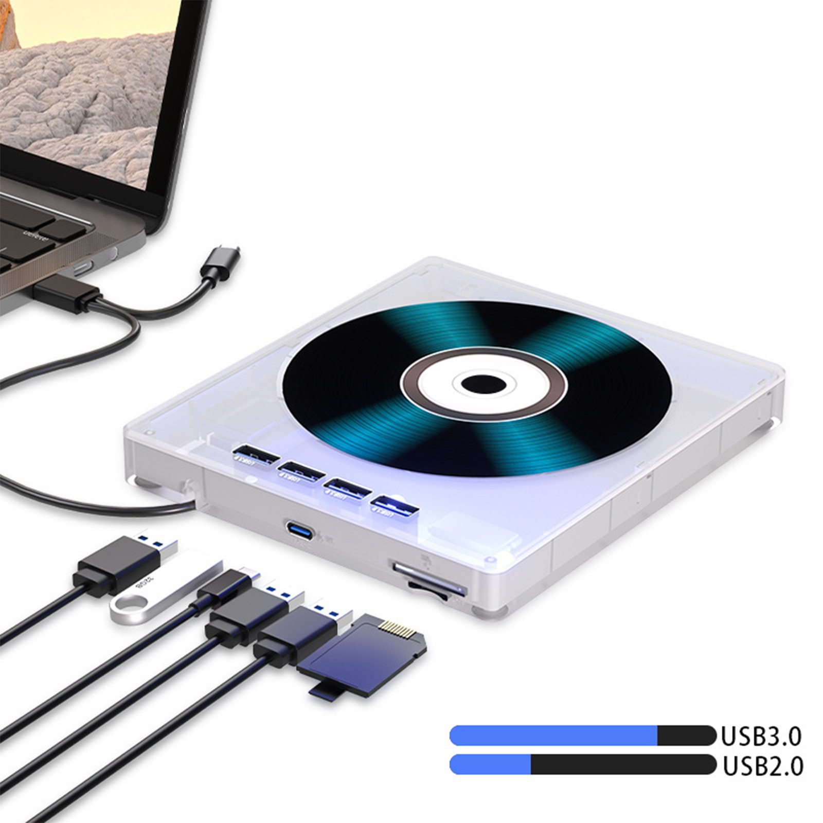 Computer mit CD-Laufwerk, das mit mehreren USB-Geräten verbunden ist.