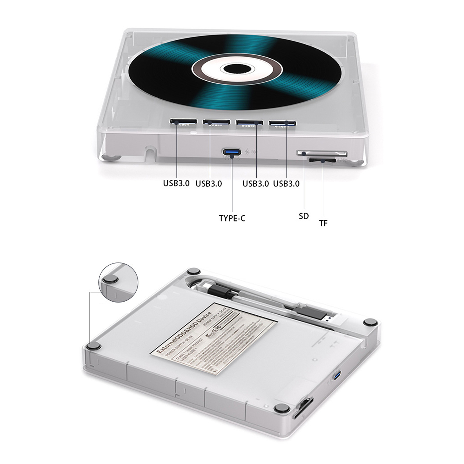 Ein externes USB-Gerät wird gezeigt. Es hat Anschlüsse und eine Disc befindet sich oben.