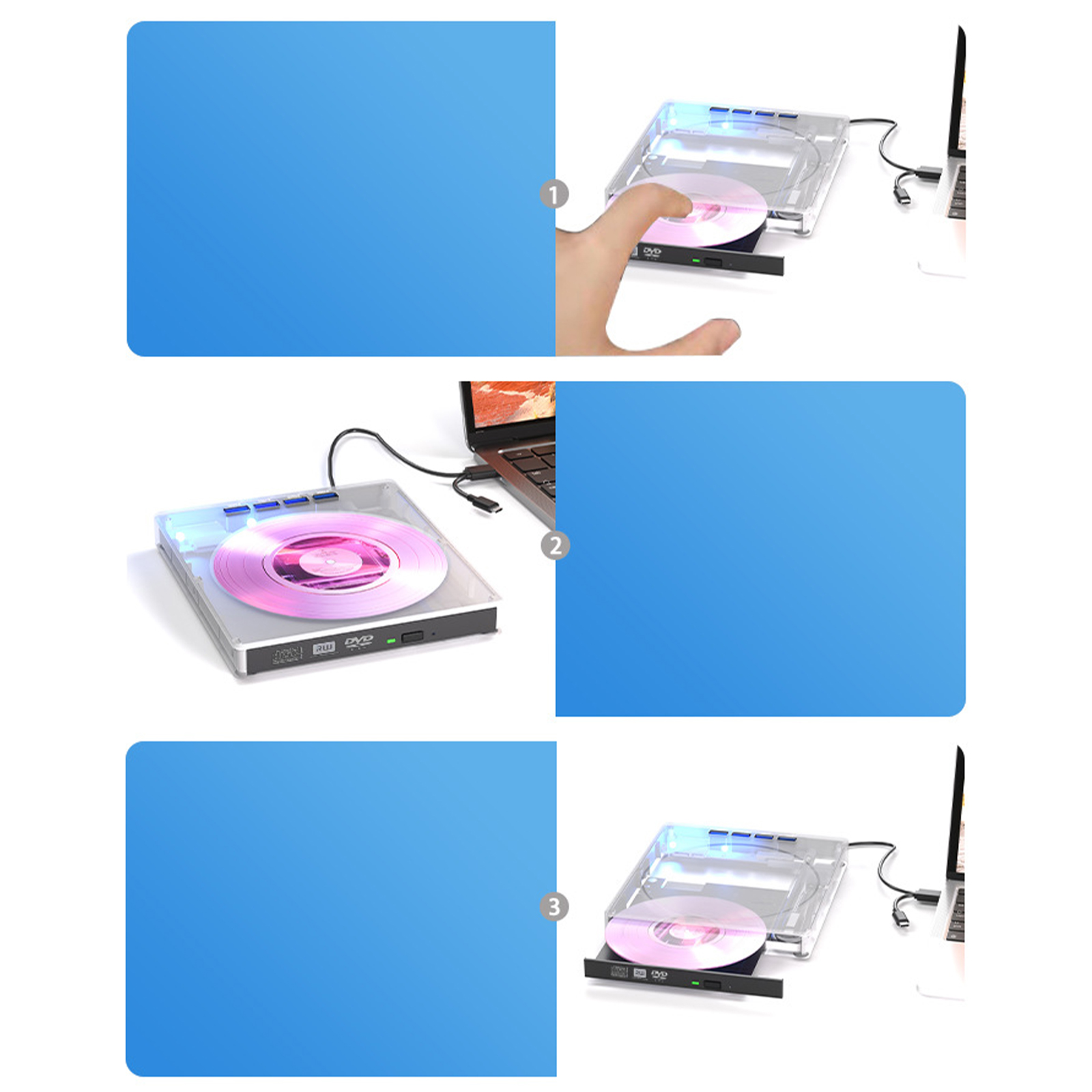 Eine Hand legt eine DVD in ein silbernes externes Laufwerk ein, das an einen Laptop angeschlossen ist.
