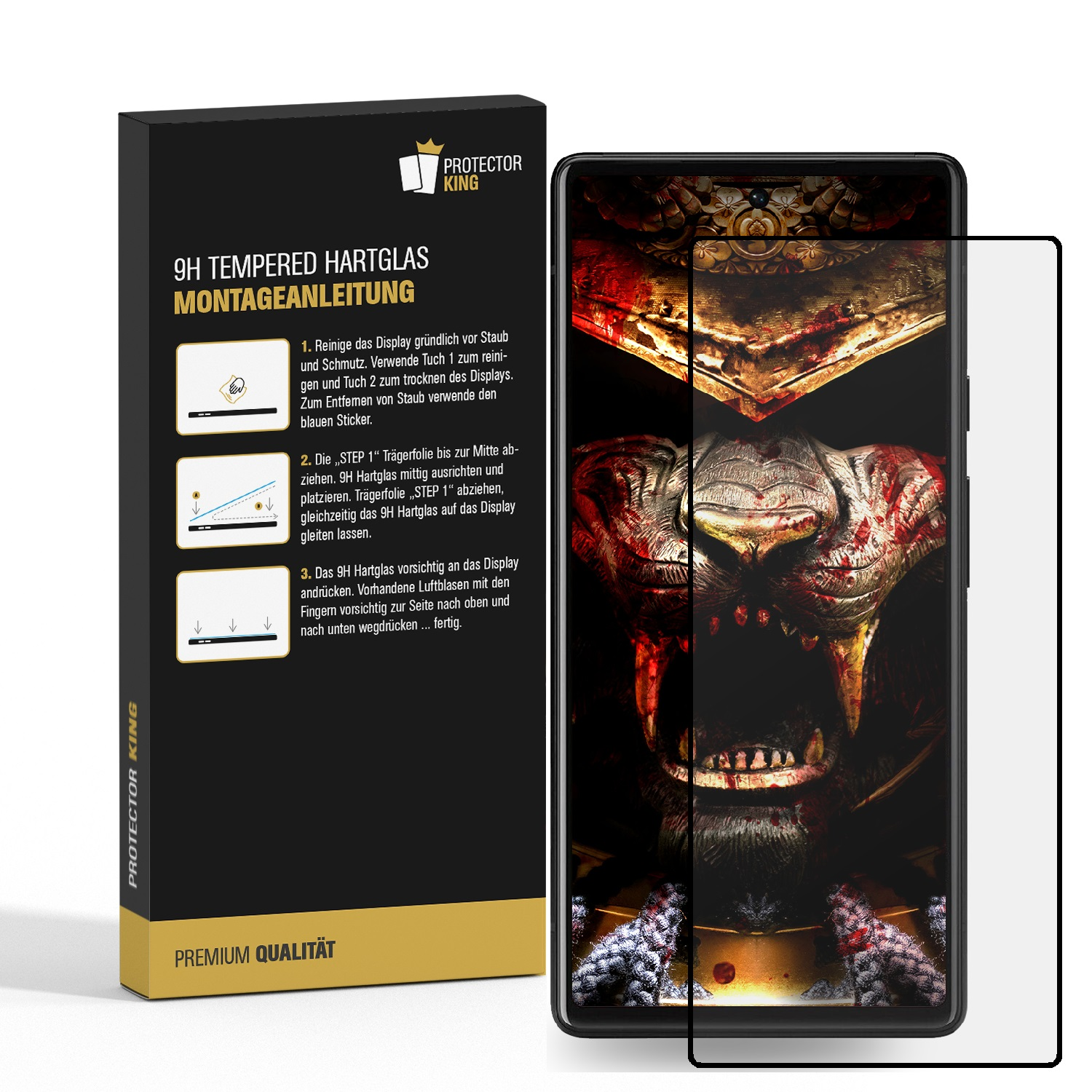 Telefon mit Displayschutz, schwarze Box mit Anweisungen.
